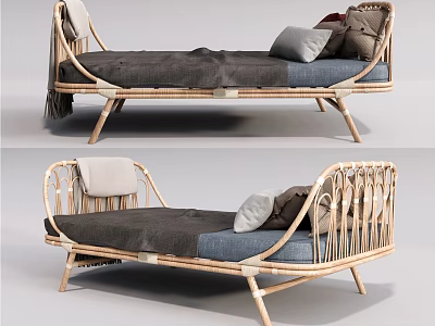 Modern Rattan Single Bed With Soft Pillows And Warm Blanket 3d model