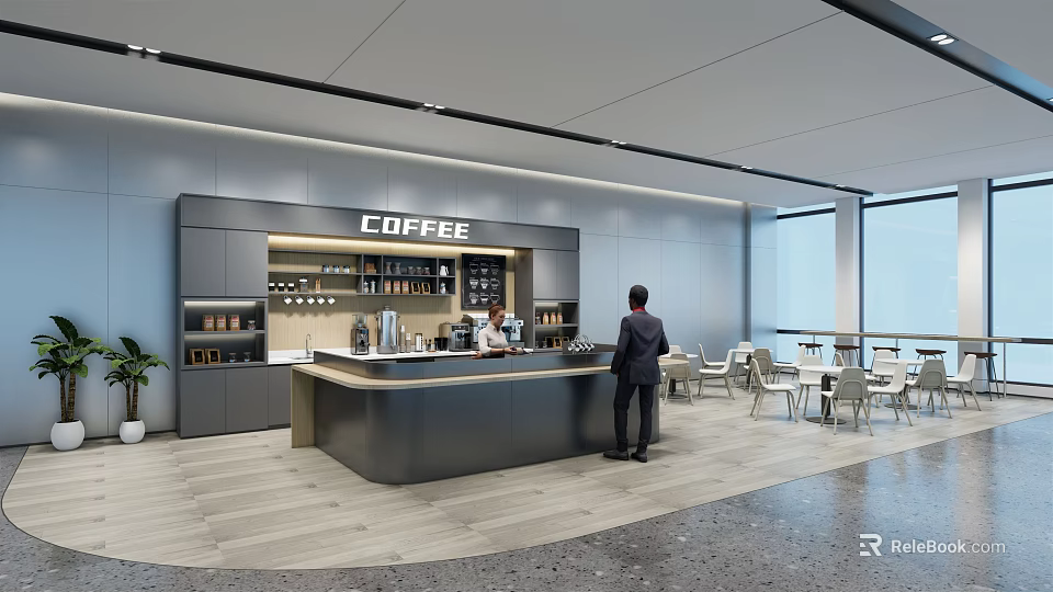 Modern Coffee Shop Interior With Counter Tables Chairs Windows And Man In Suit 3d model 