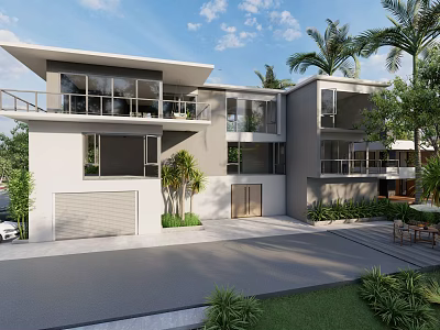 Modern Detached Villa With Large Windows Balcony Palm Trees And Greenery Exterior 3d model