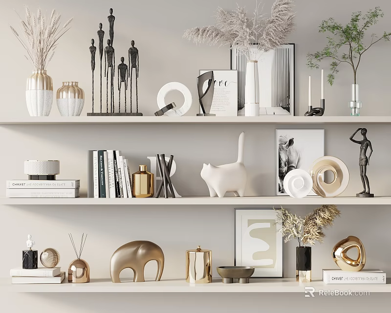 Elegant Decorative Ornament Combination With Vases Sculptures Books Cat Figurine And Plants On Shelves 3d model 