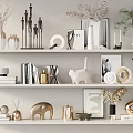 Elegant Decorative Ornament Combination With Vases Sculptures Books Cat Figurine And Plants On Shelves