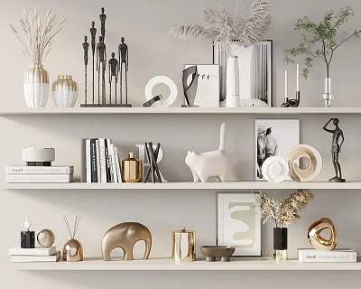 Elegant Decorative Ornament Combination With Vases Sculptures Books Cat Figurine And Plants On Shelves 3d model
