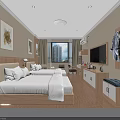 Modern Hotel Guest Room Featuring Twin Beds City View Window Wooden Furniture And Decorative Paintings