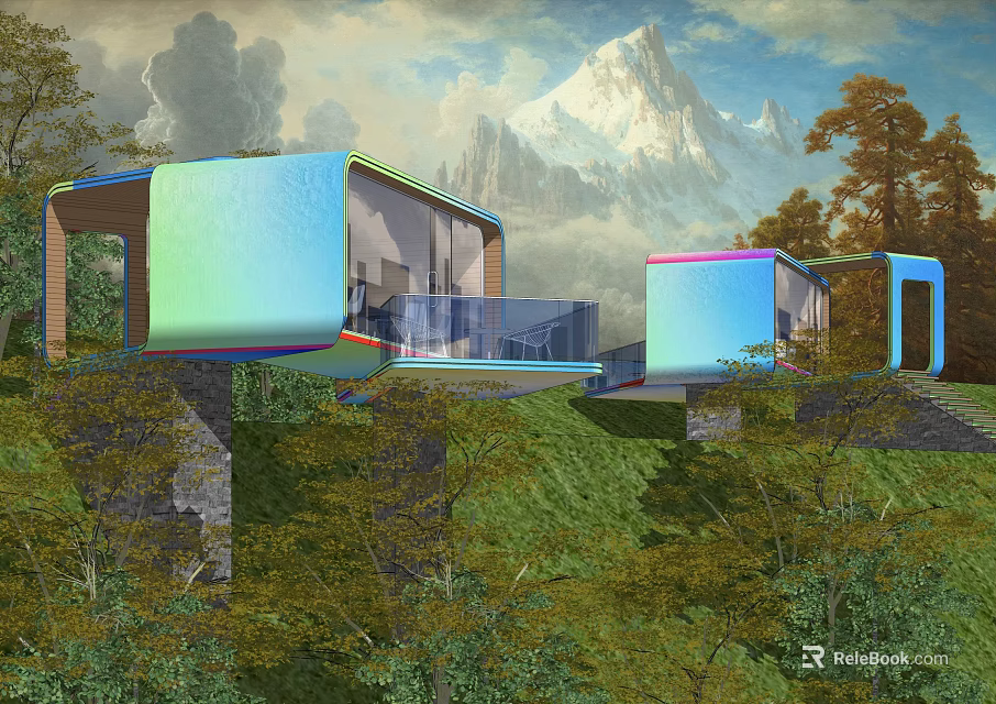 Modern Colorful Pergola Design On Hillside With Glass Railings And Mountain View 3d model 