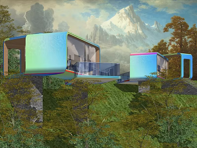 Modern Colorful Pergola Design On Hillside With Glass Railings And Mountain View 3d model
