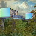 Modern Colorful Pergola Design On Hillside With Glass Railings And Mountain View