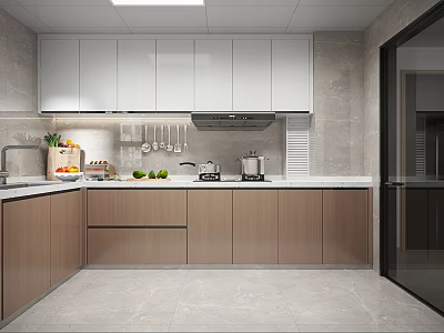 Modern Kitchen Interior With White And Wooden Cabinets Marble Countertop Range Hood And Hanging Utensils 3d model