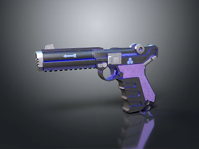 Futuristic Pistol Weapon Featuring Purple Grip Blue Accents Detailed Muzzle And Metallic Finish 3d model