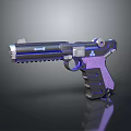 Futuristic Pistol Weapon Featuring Purple Grip Blue Accents Detailed Muzzle And Metallic Finish