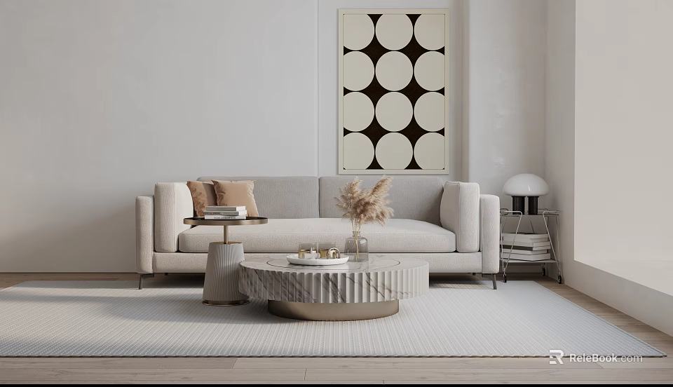 Minimalist Light Gray Two Seater Sofa with Circular Pattern Wall Art and Round Coffee Table 3d model