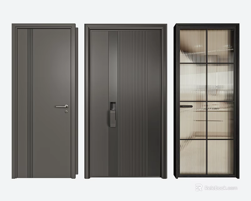 Modern Interior Swing Doors With Metal Frame Vertical Stripes And Glass Panel 3d model 