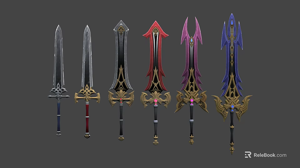 Decorative Fantasy Swords With Various Colorful Metal Blades And Detailed Hilts 3d model 