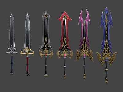 Decorative Fantasy Swords With Various Colorful Metal Blades And Detailed Hilts 3d model