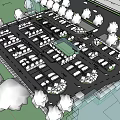 Well Designed Parking Lot With Various Vehicles Green Trees And Small Building