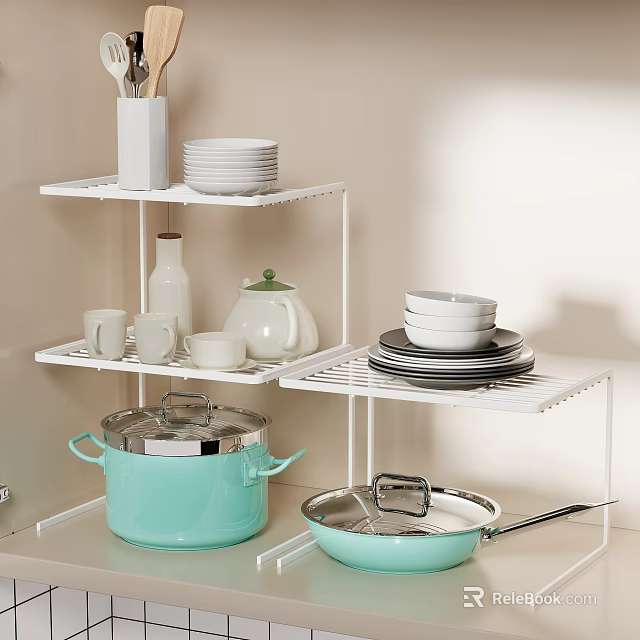 White Multi Tier Kitchen Shelf With Plates Mugs Teapot Pots And Pans 3d model