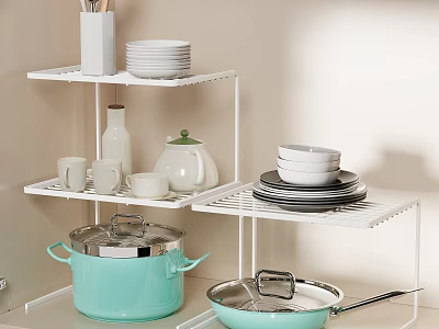 White Multi Tier Kitchen Shelf With Plates Mugs Teapot Pots And Pans 3d model