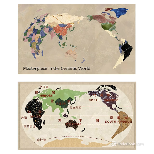 Artistic Ceramic World Map Floor Design Featuring Continent Names And Intricate Patterns 3d model