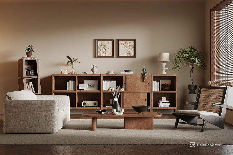 Warm Modern Living Room Interior With Wooden Shelves Beige Sofa And Decorative Paintings 3d model 