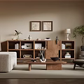 Warm Modern Living Room Interior With Wooden Shelves Beige Sofa And Decorative Paintings