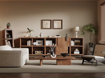 Warm Modern Living Room Interior With Wooden Shelves Beige Sofa And Decorative Paintings 3d model