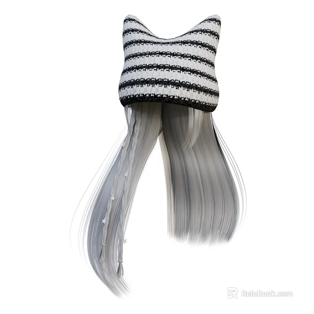 Stylish Gray Long Straight Shiny Hair Hairstyle With Black White Striped Knit Hat 3d model 