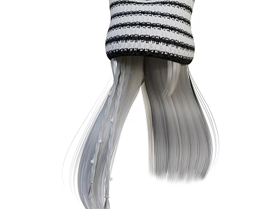 Stylish Gray Long Straight Shiny Hair Hairstyle With Black White Striped Knit Hat 3d model