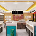 Modern Retail Store Interior With Display Counters Seating Brand Logos And Lighting Elements