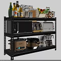 Organized Kitchen Appliances On Multi Tiered Black Shelving With Microwave Toaster And Cookware