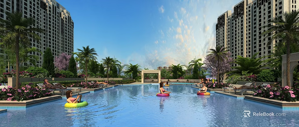 Garden Landscape With Swimming Pool Palm Trees High Rise Buildings And People On Inflatable Rings 3d model 
