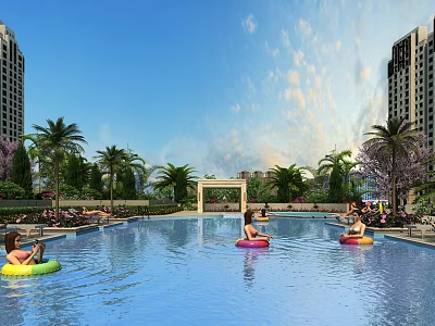 Garden Landscape With Swimming Pool Palm Trees High Rise Buildings And People On Inflatable Rings 3d model