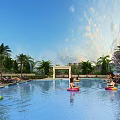 Garden Landscape With Swimming Pool Palm Trees High Rise Buildings And People On Inflatable Rings