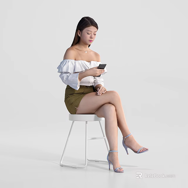 Woman In Off Shoulder White Top And Green Shorts Sitting On White Stool Holding Smartphone 3d model 