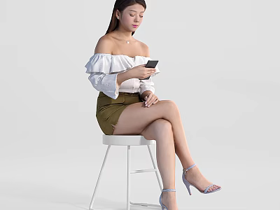Woman In Off Shoulder White Top And Green Shorts Sitting On White Stool Holding Smartphone 3d model