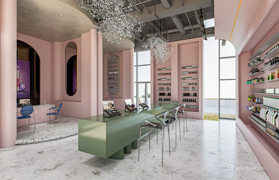 Modern Pink Store Interior With Green Bar Chandeliers Shelves And Seating Chairs 3d model 