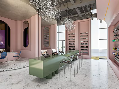 Modern Pink Store Interior With Green Bar Chandeliers Shelves And Seating Chairs 3d model