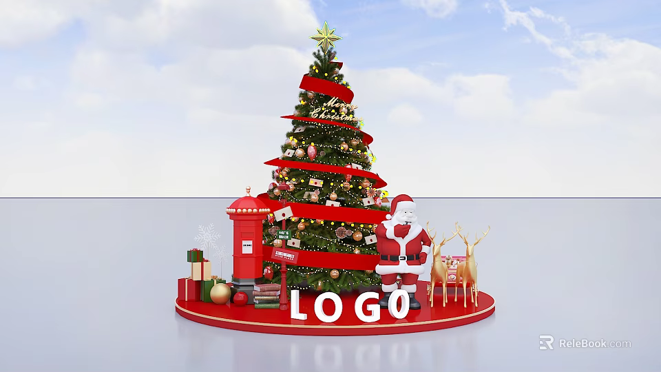 Christmas Photo Spot with Christmas Tree Santa Claus Reindeer Gift Boxes Red Mailbox and LOGO 3d model 