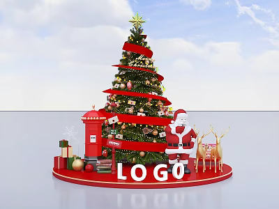 Christmas Photo Spot with Christmas Tree Santa Claus Reindeer Gift Boxes Red Mailbox and LOGO 3d model