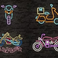 Motorcycle Themed Decorative Neon Lights on Black Brick Wall with Purple Orange Yellow Pink Hues