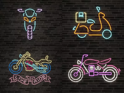 Motorcycle Themed Decorative Neon Lights on Black Brick Wall with Purple Orange Yellow Pink Hues 3d model