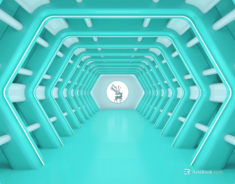 Futuristic Blue Office Corridor Interior Design With Hexagonal Structure Illuminated Light Strips And End Clock 3d model 