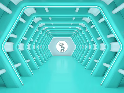 Futuristic Blue Office Corridor Interior Design With Hexagonal Structure Illuminated Light Strips And End Clock 3d model