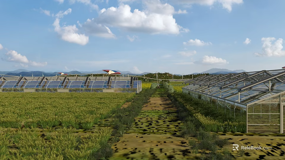 Scenic Landscape with Blue Sky White Clouds Green Fields Path Solar Panels Red Roof Building 3d model 
