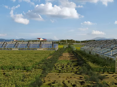 Scenic Landscape with Blue Sky White Clouds Green Fields Path Solar Panels Red Roof Building 3d model