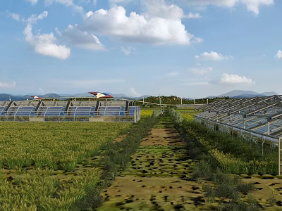 Scenic Landscape with Blue Sky White Clouds Green Fields Path Solar Panels Red Roof Building 3d model