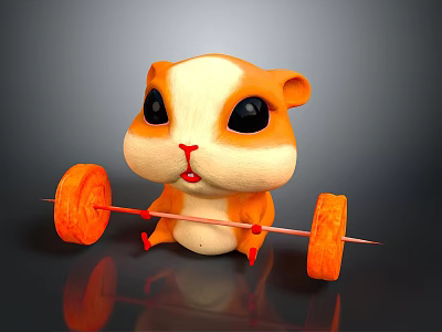 Cute Orange And White Hamster Game Movie Character Lifting Orange Barbell With Big Eyes 3d model