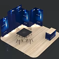 Blue Exhibition Booth With Display Panels Round Table White Chairs And Reception Desk