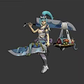 Game and Movie Character with Turquoise Hair Wielding Ornate Giant Sword in Elaborate Fantasy Outfit