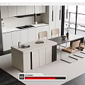 Modern Open Kitchen Interior With Stylish Bar Counter Marble Countertop Dining Table And Chairs