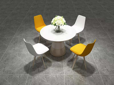 White Round Table with Yellow White Chairs and Flower Bouquet on Grey Tile Floor 3d model