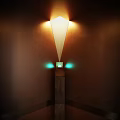 Decorative Ornament Set With Green Glowing Square Design And Triangular Light Shadow On Dark Pedestal